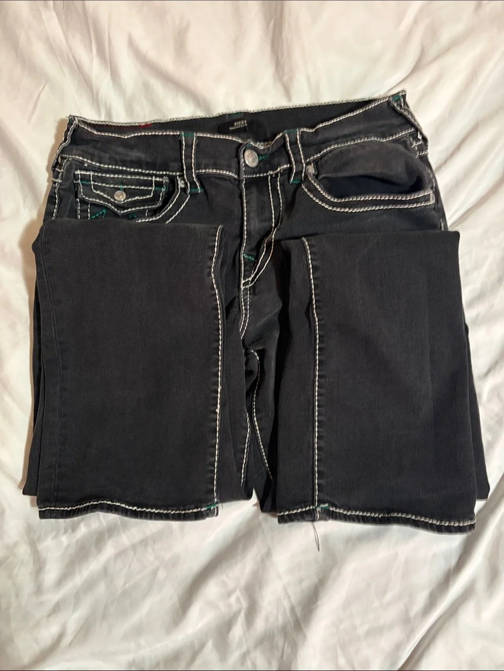 True Religion Men's Black Relaxed Jeans with Green Stitching